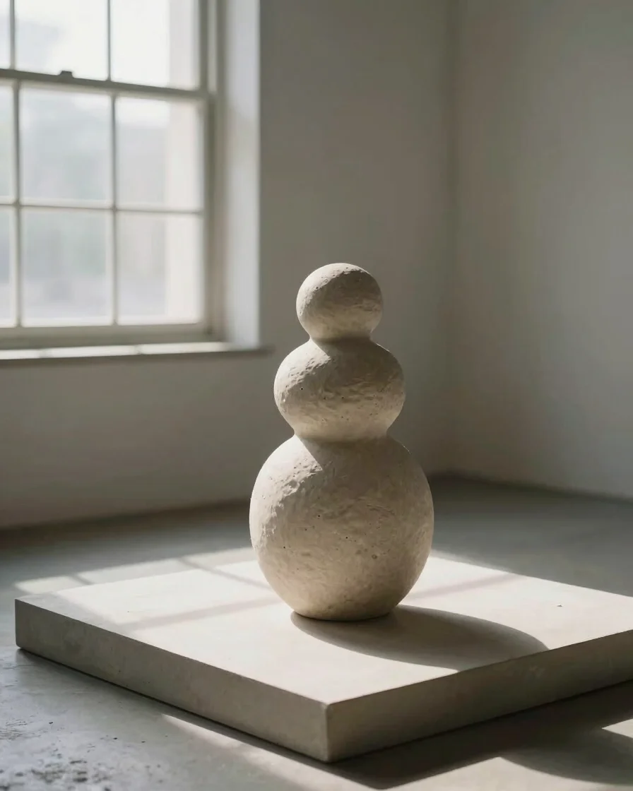 Isolated sculptural object on a raw plinth, soft directional dayl