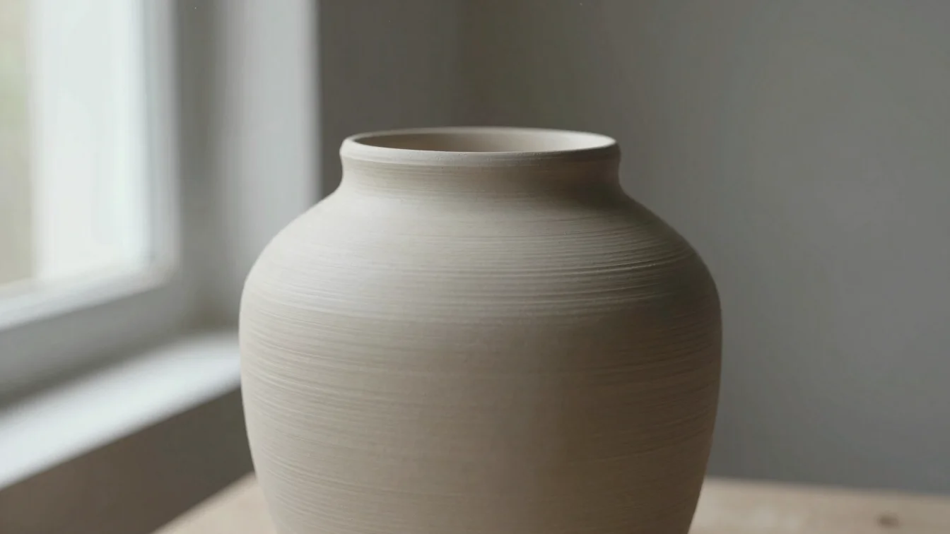 Hand-thrown ceramic vessel, close-up material grain, soft window